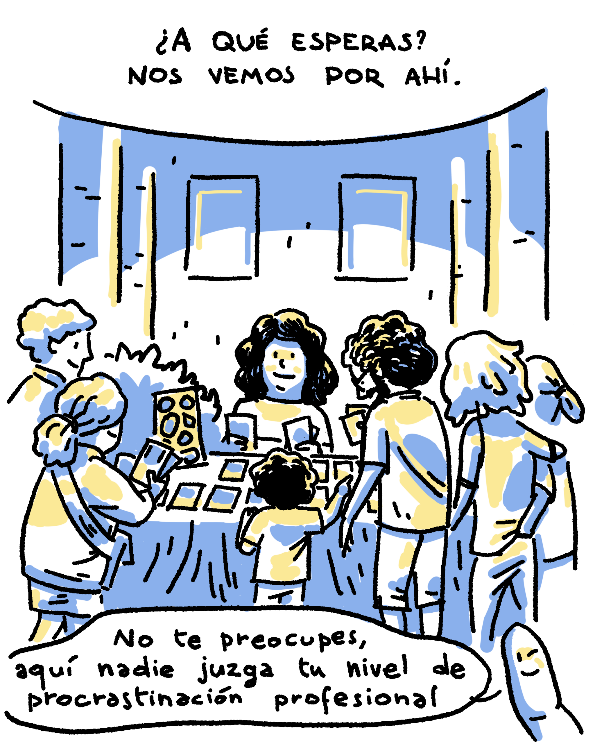 ¡¿A qué esperas?! Nos vemos por ahí. (No te preocupes, aquí nadie juzga tu nivel de procrastinación profesional.) [persona con mesa en el festivalico]